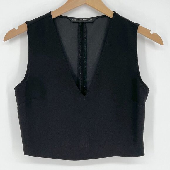 Zara Women's V-Neck Sleeveless Crop Top Size XS Black Side Zip Neutral Trendy - Picture 1 of 7